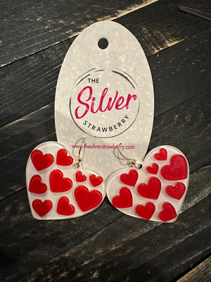Glossy Acrylic Earrings- "Hearts On Hearts" Red & White