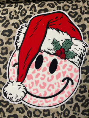 Chenille "T-Shirt" Patches- "Smiley Santa Hat" Pink Cheetah