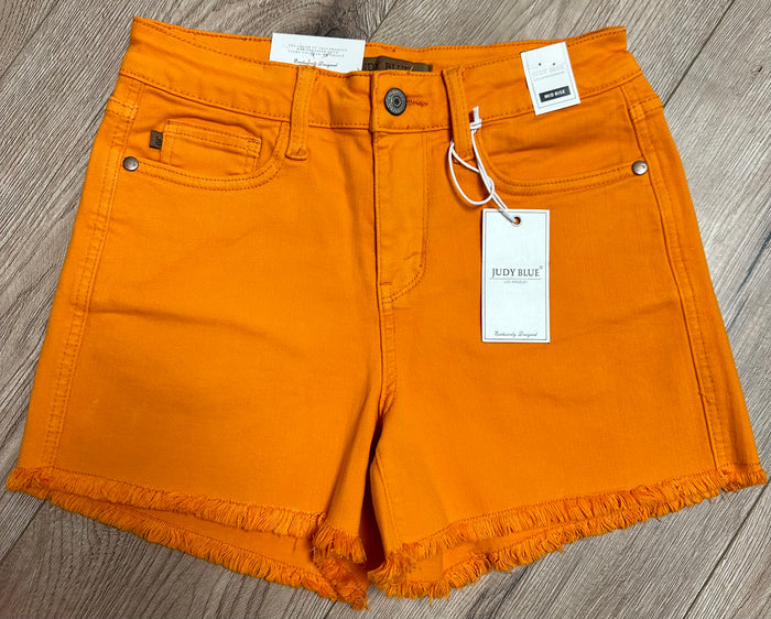Judy Blue Dyed Shorts- Mid Rise; Orange "Frayed Bottom"