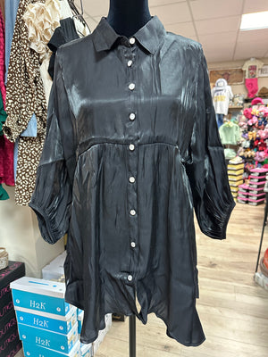 "Black Babydoll Button Up" Silky Cuff Sleeve Dress