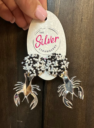 Glossy Acrylic- "Silver Mirrored & Black & White Beaded Stud" Crawfish