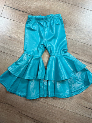 Ruffle Bell Bottoms- Turquoise "Pleather"
