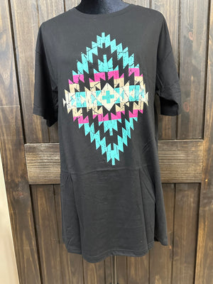 "Pink & Turquoise Aztec" T-Shirt Dress