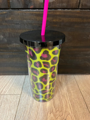 Glitter Tumbler Cup- "Yellow & Pink Leopard Glitter"