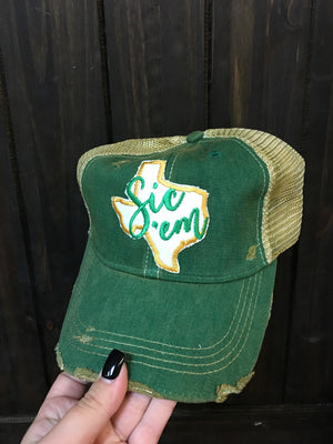 "Sic Em; Texas" Green Denim Hat