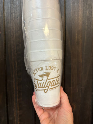 Styrofoam Cups- "Never Lost A Tailgate" Gold