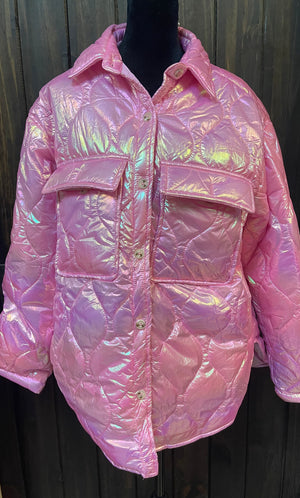 "Light Pink Iridescent" Puffy Button Up Jacket