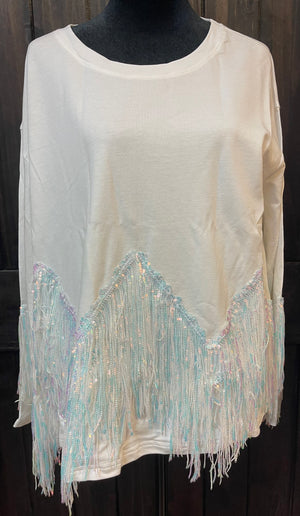 "Sequence Fringed" White Long Sleeve Top