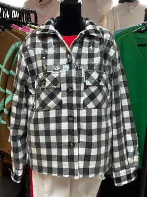 "Gingham Iridescent Sequin" Lined Sherpa Jacket