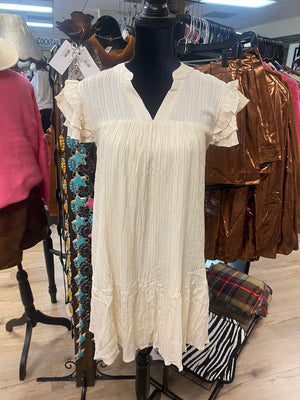 "Cream Striped Texture" Woven V-Neck Dress