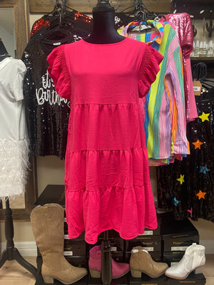 "Cherry Pink Ruffled Sleeve" Tiered Woven Dress