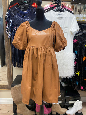 "Brown Pleather" Puff Sleeve Dress