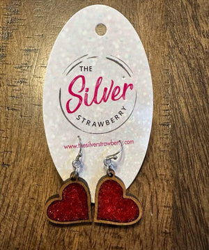 The Woody Earrings- Red Glitter Acrylic Wood Hearts