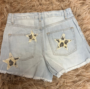 "Cheetah Star" Light Washed Denim Shorts