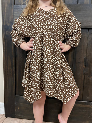 Brown & Cream Cheetah V-Neck Kids Dress