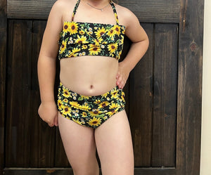Girl Kids Swimsuit- Sunflowers "Tie Across" 2-Piece