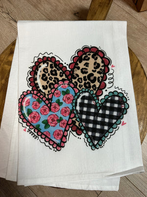 Kitchen Towels- "Cheetah, Floral & Plaid Hearts"