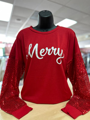 "Merry; Cursive" Red Sequin Sleeve Top