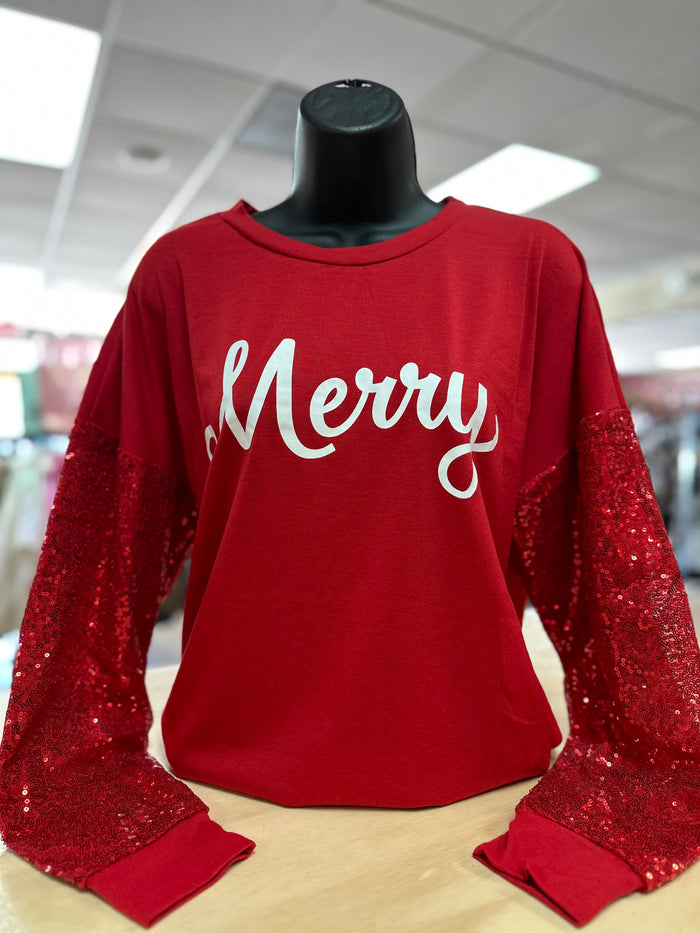 "Merry; Cursive" Red Sequin Sleeve Top