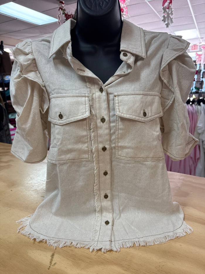 "Cream Roughed Hem" Bubble Sleeve Top
