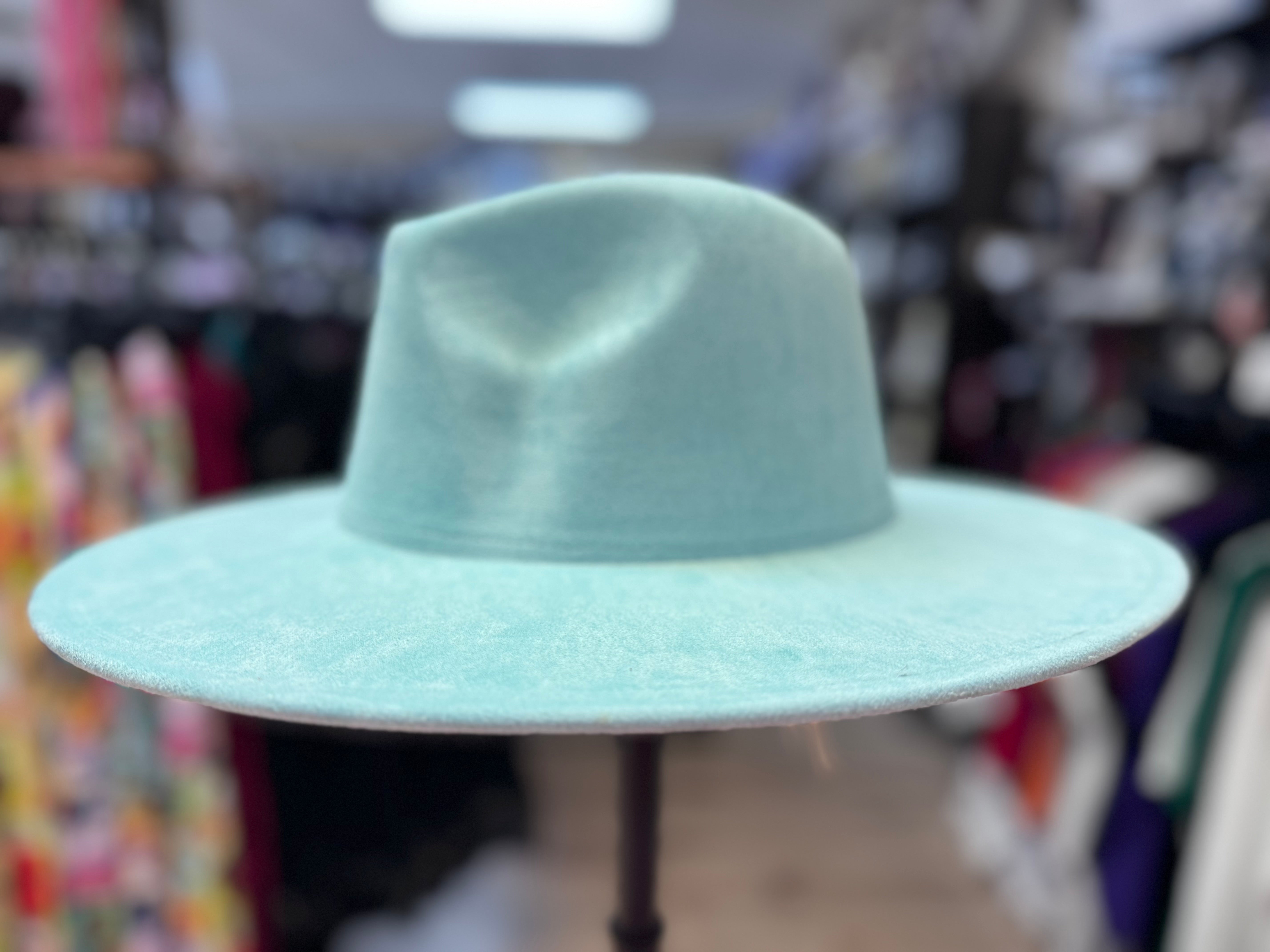 Brown Wide-Brim faux suede Fedora Hat with Blue Ribbon and Feather, turquoise 6D8F1FD2-0948-4153-AC4C-  main image 3