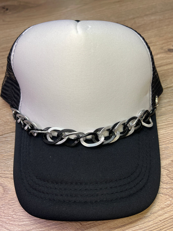 "Tatum" Hat Bands- "Thin Hammered Double Linked Chain" Silver & Black