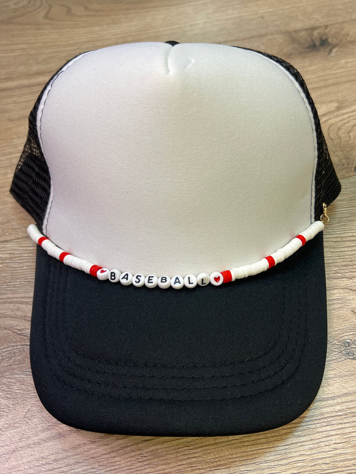 "Bailey" Worded Hat Bands- "Baseball" Red & White Beaded