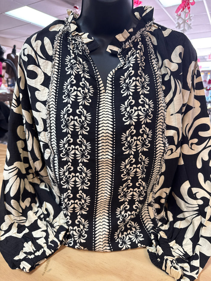 "Black & Cream Floral" Long Bubble Sleeve Top