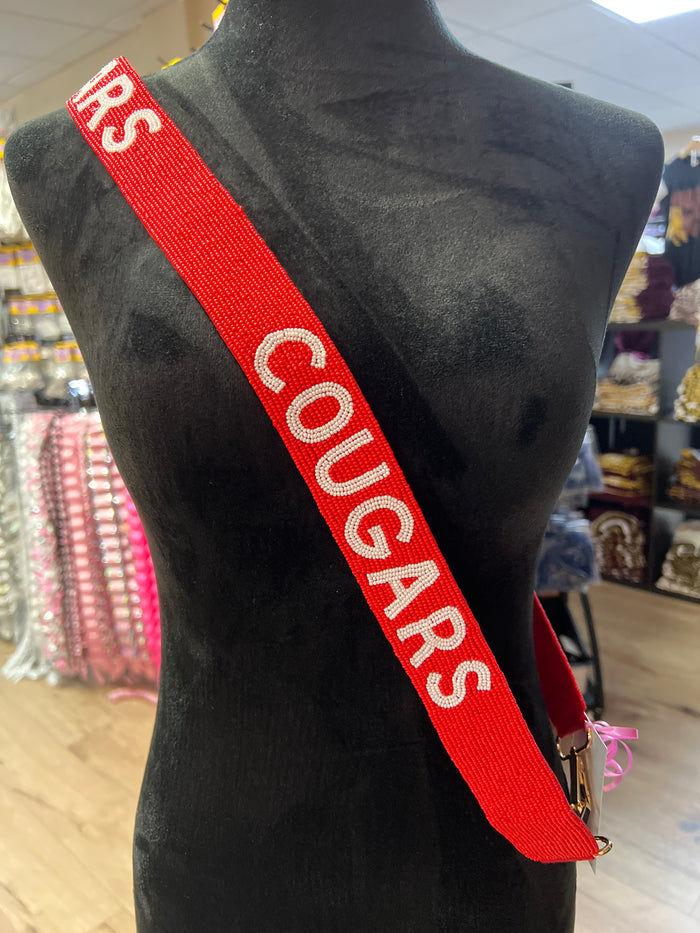 Nadine Purse Strap- ''Cougars" Red w/ White Words" Beaded