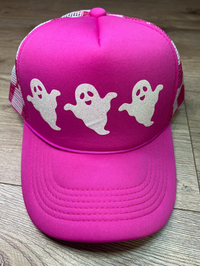 "Glitter White Ghost" Pink Checkered Puff Trucker Hat