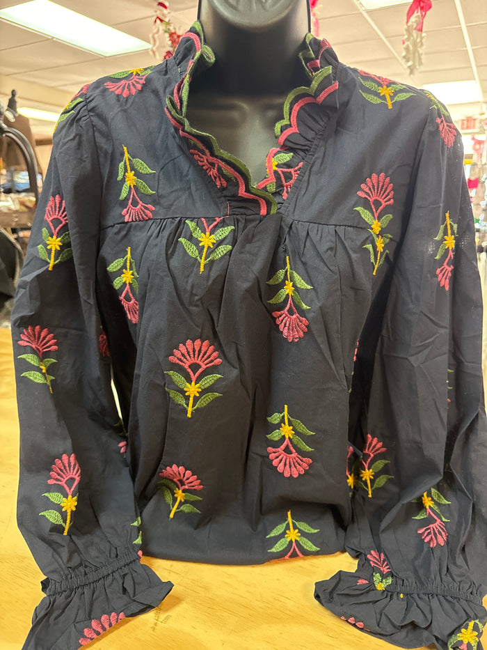"Navy Embordered Floral" Scalloped Collar Top