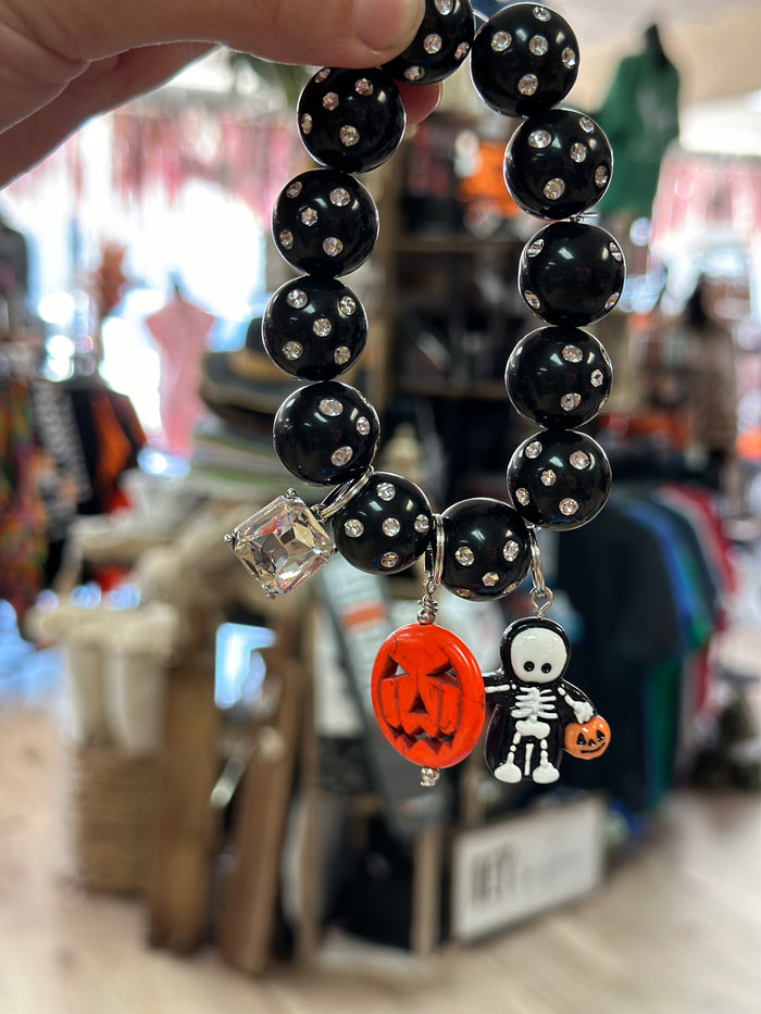 Dawson Bracelets- "Pumpkin & Skeleton" Black Rhinestone Beads