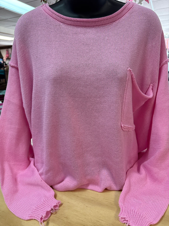 "Candy Pink Frayed Hem" Knitted Sweater Top