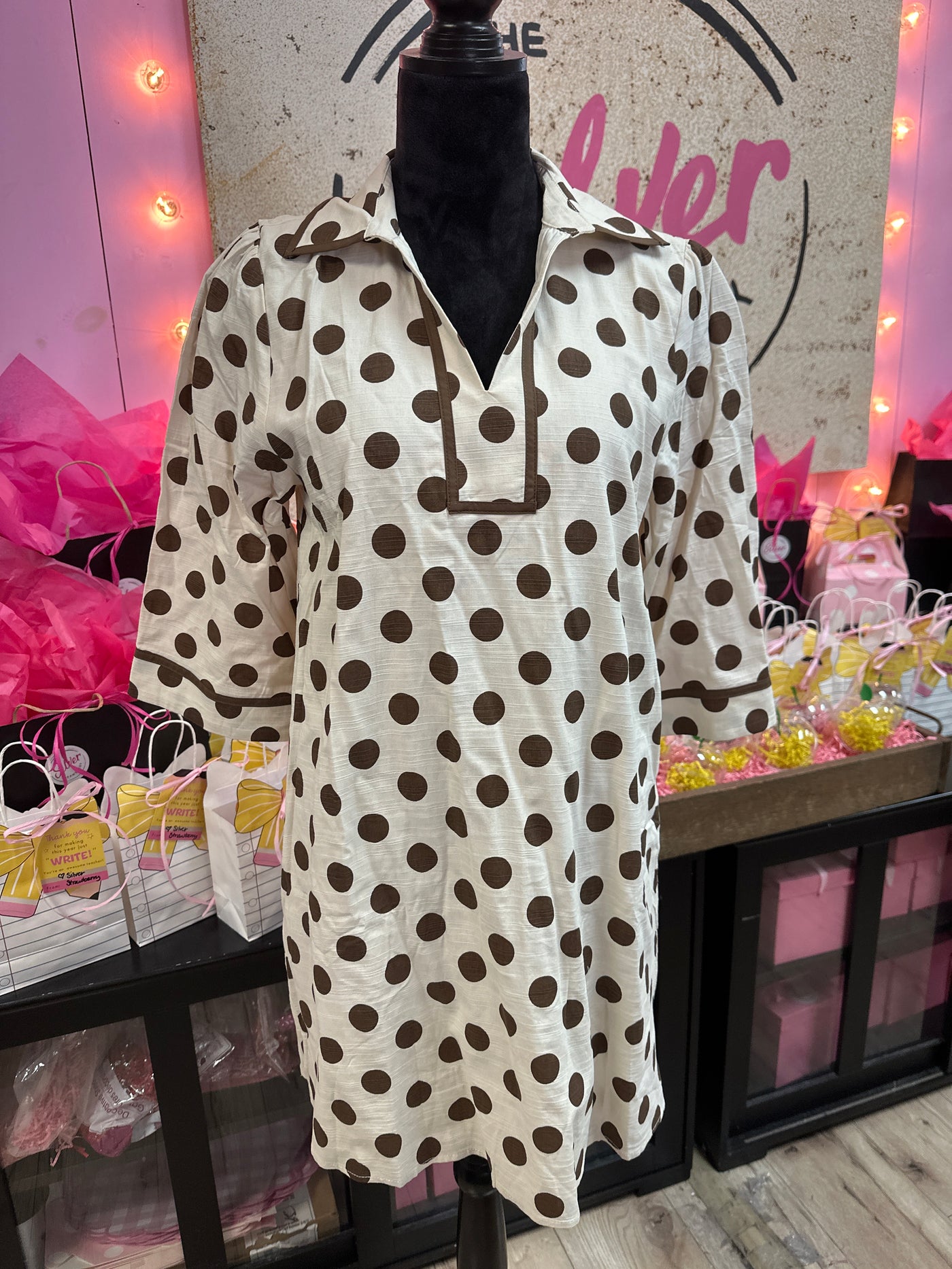 Brown & Cream Polka Dot V-Neck Dress L
