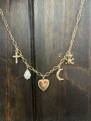 Rae Necklace- "Cross, Pearls & Heart Charms" Gold