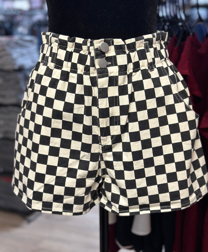 "Black Checkered Print" Elastic Waistband Shorts