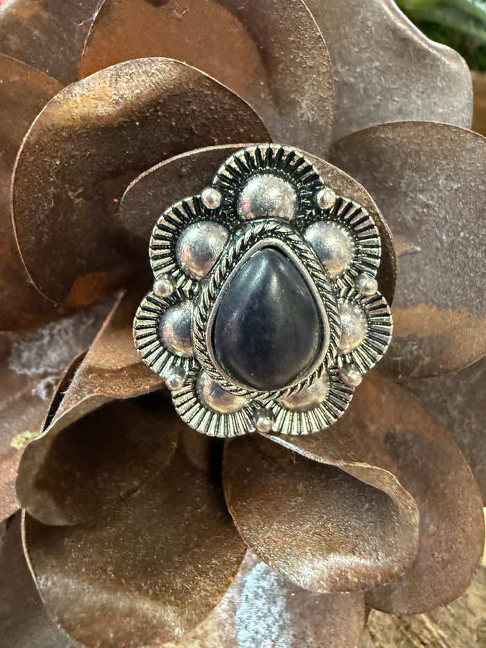 Megan Rings- "Black Teardrop" Silver Beaded