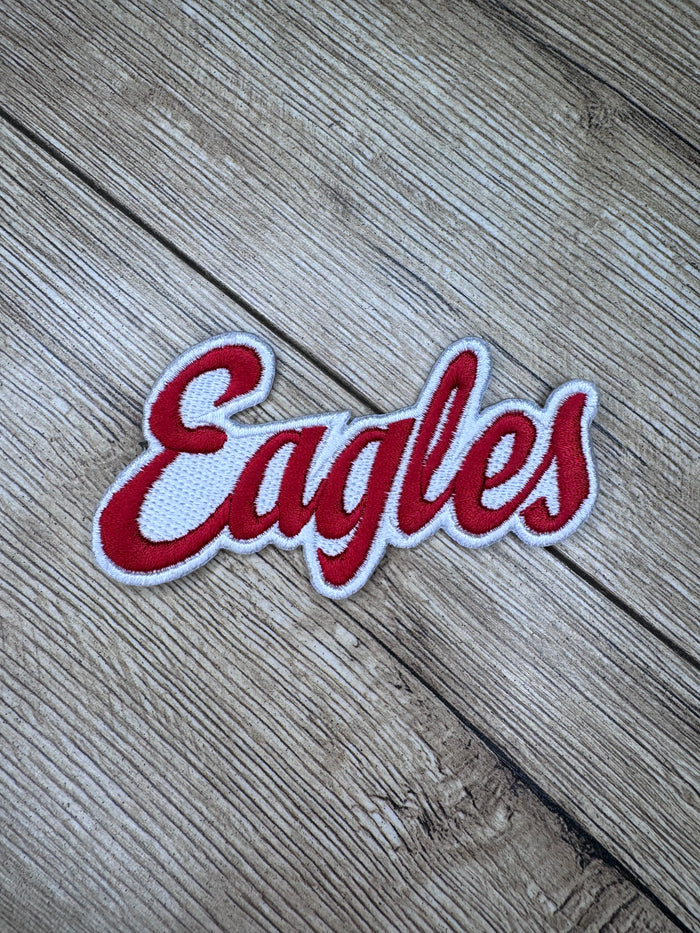 Hat Patches (Embroidered)- "Eagles Red & White; Cursive" (3X2)