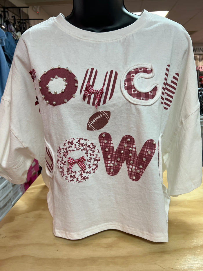 White "Touch Down" Graphic Oversized Printed Crop w/ Trim Detail