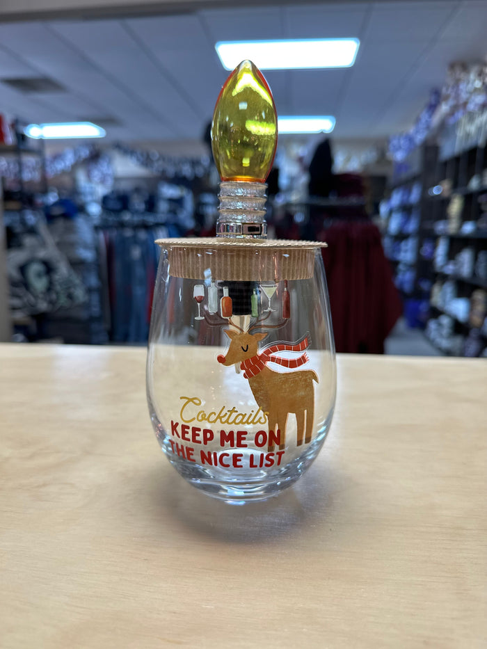 Christmas Glass Cups- "Reindeer Light Up" Stopper Set