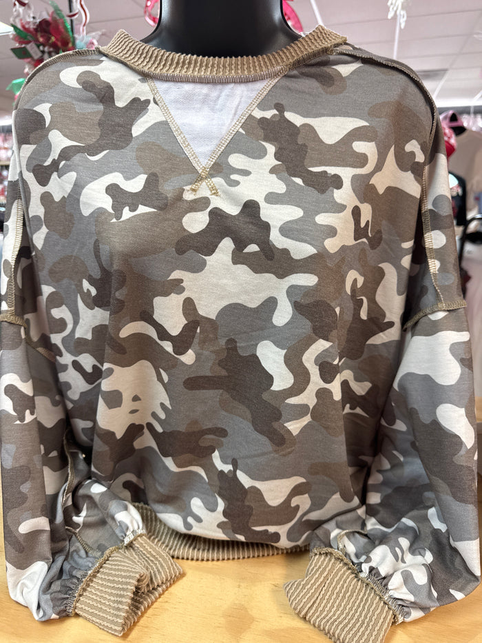 "Khaki Camo Drop Shoulder" Loose Fit Top