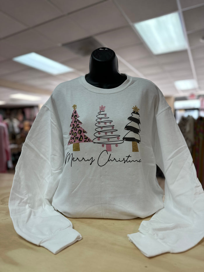 "Merry Christmas; Trees" Rhinestone White Sweatshirt Jacket