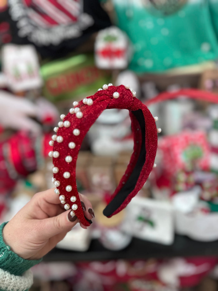 Pearly Knot Headband- "White Pearls" Red Glitter