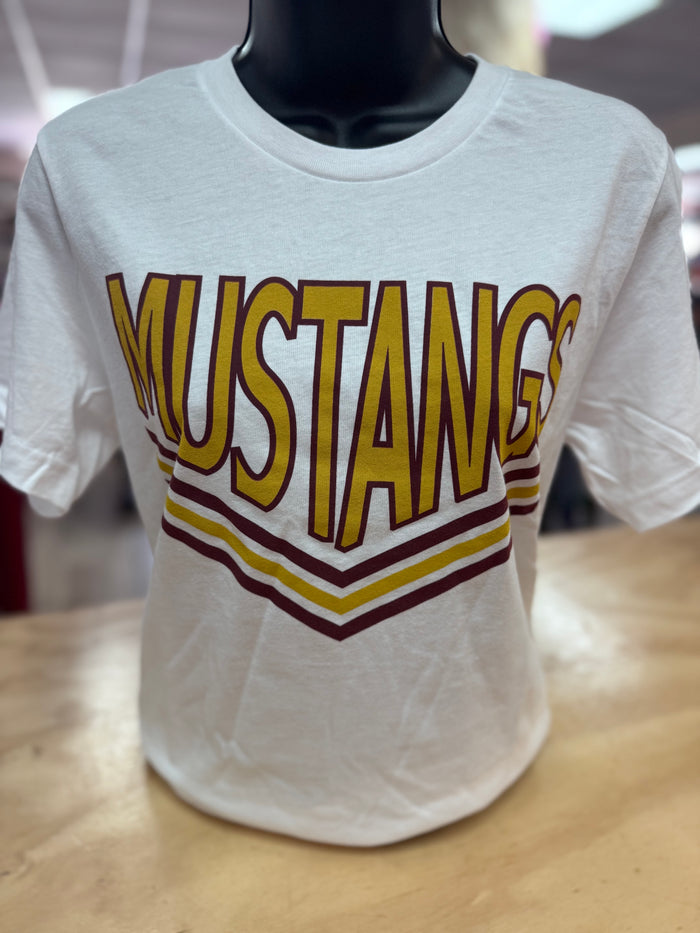 Mustangs Tee- "Mustangs" Maroon & Gold "V" Line Design; White