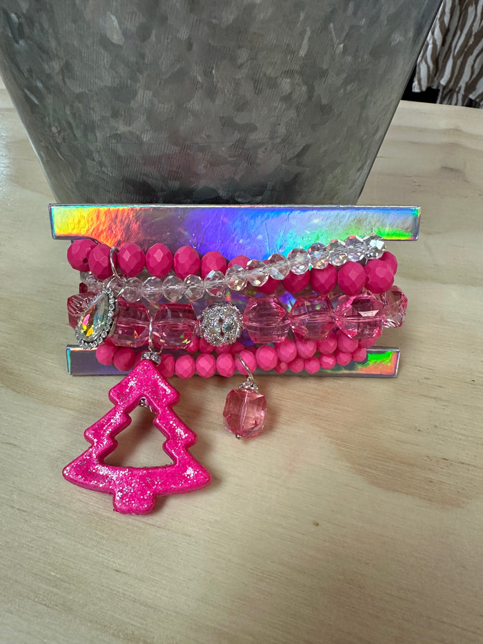 Shania Cluster Bracelet- "Glitter Outline Christmas Tree" Neon Pink