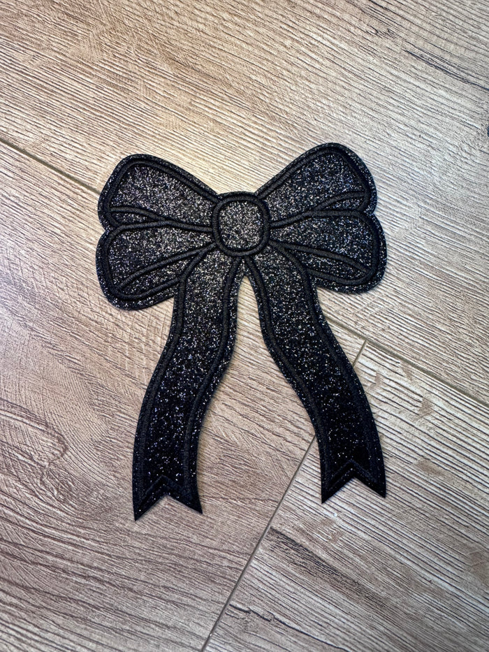 Hat Patches (Glitter)- "Glitter & Embroidered Bow; Small" Black (4X5)
