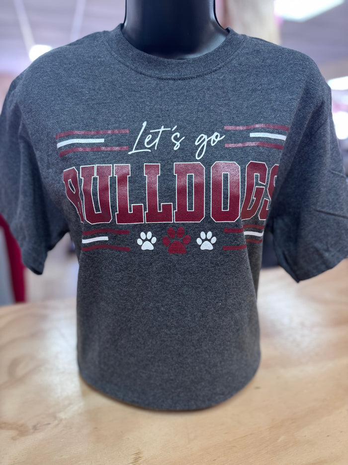 Bulldogs Tee- "Let's Go Bulldogs" Lines & Paw Prints; Grey