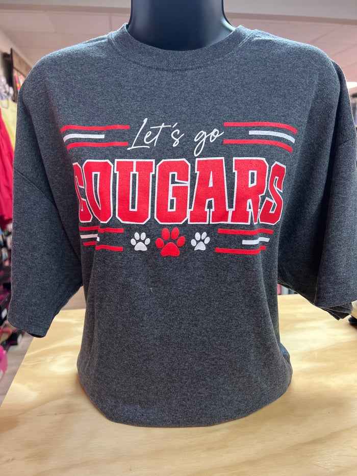Cougars Tee- "Let's Go Cougars" Lines & Paws; Heathered Gray