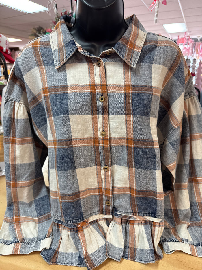 "Orange & Blue Shacket Flannel" Long Sleeve Ruffle Top