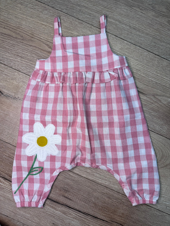 "Pink Gingham Flower" Long Romper